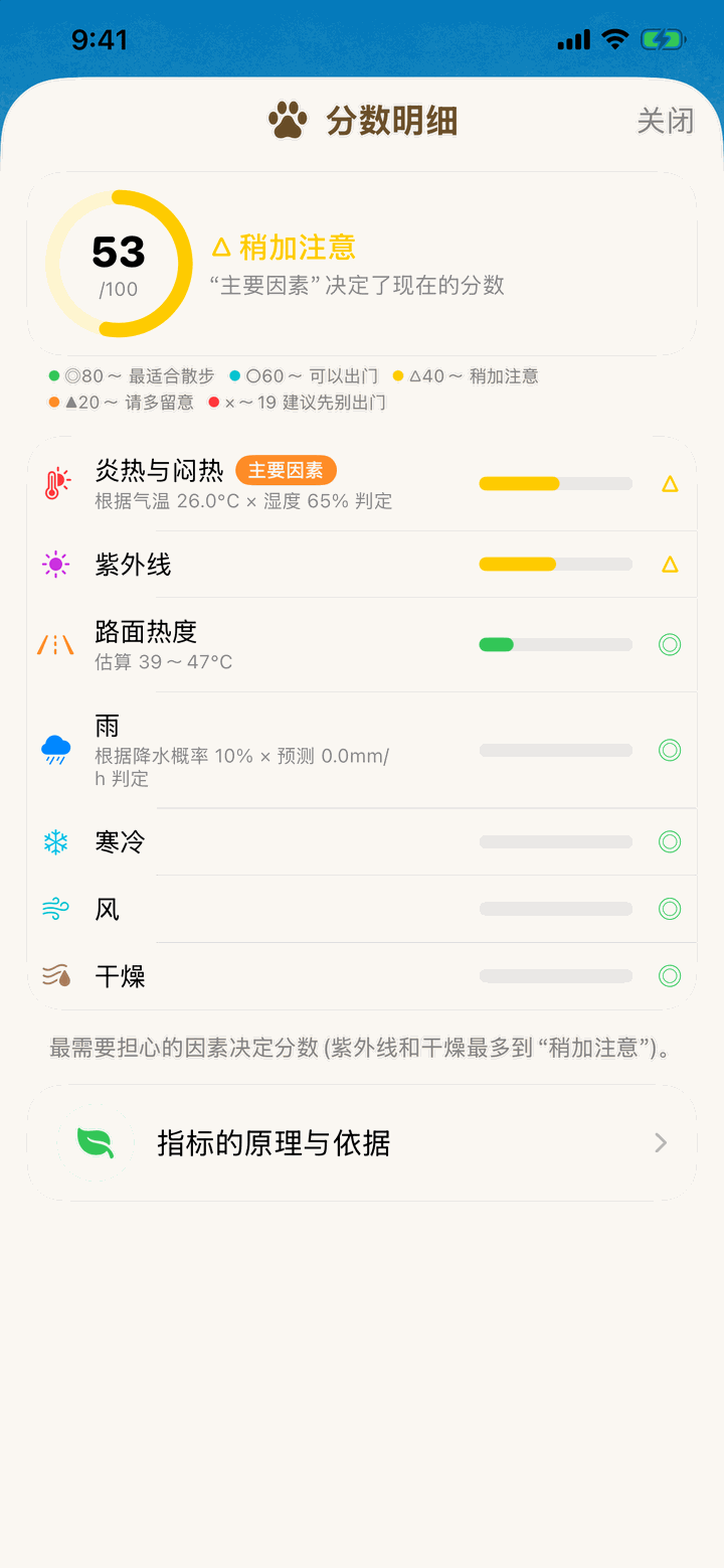 分数明细页面。7 个要素各自的评价排成一列