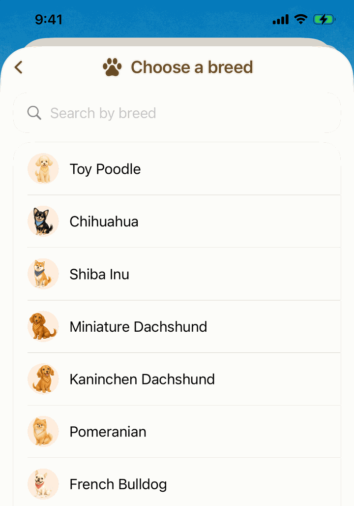 Breed picker listing Toy Poodle, Chihuahua, Shiba Inu and more