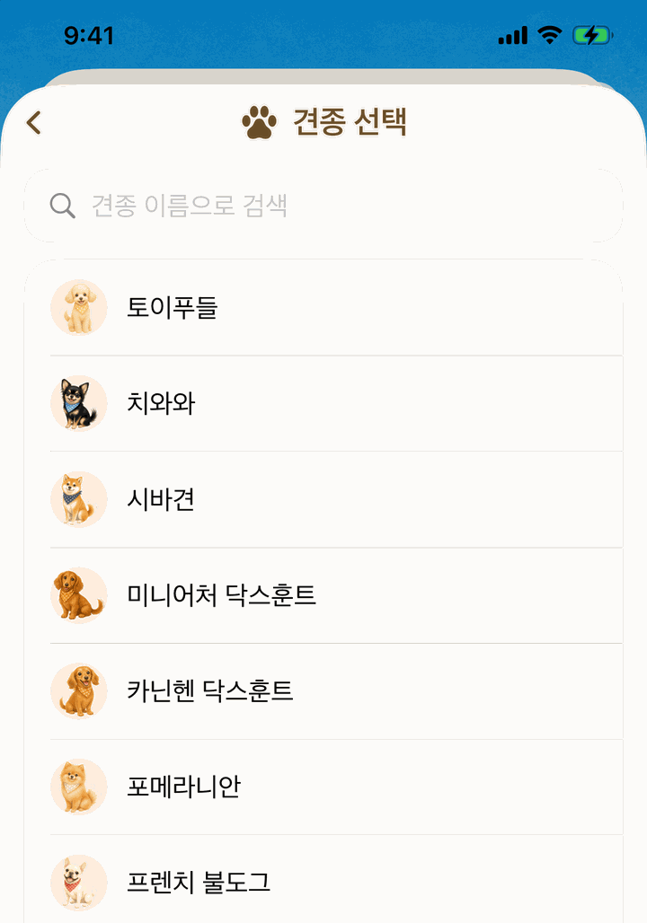 견종 선택 화면. 토이 푸들, 치와와, 시바견 등이 나란히 보여요