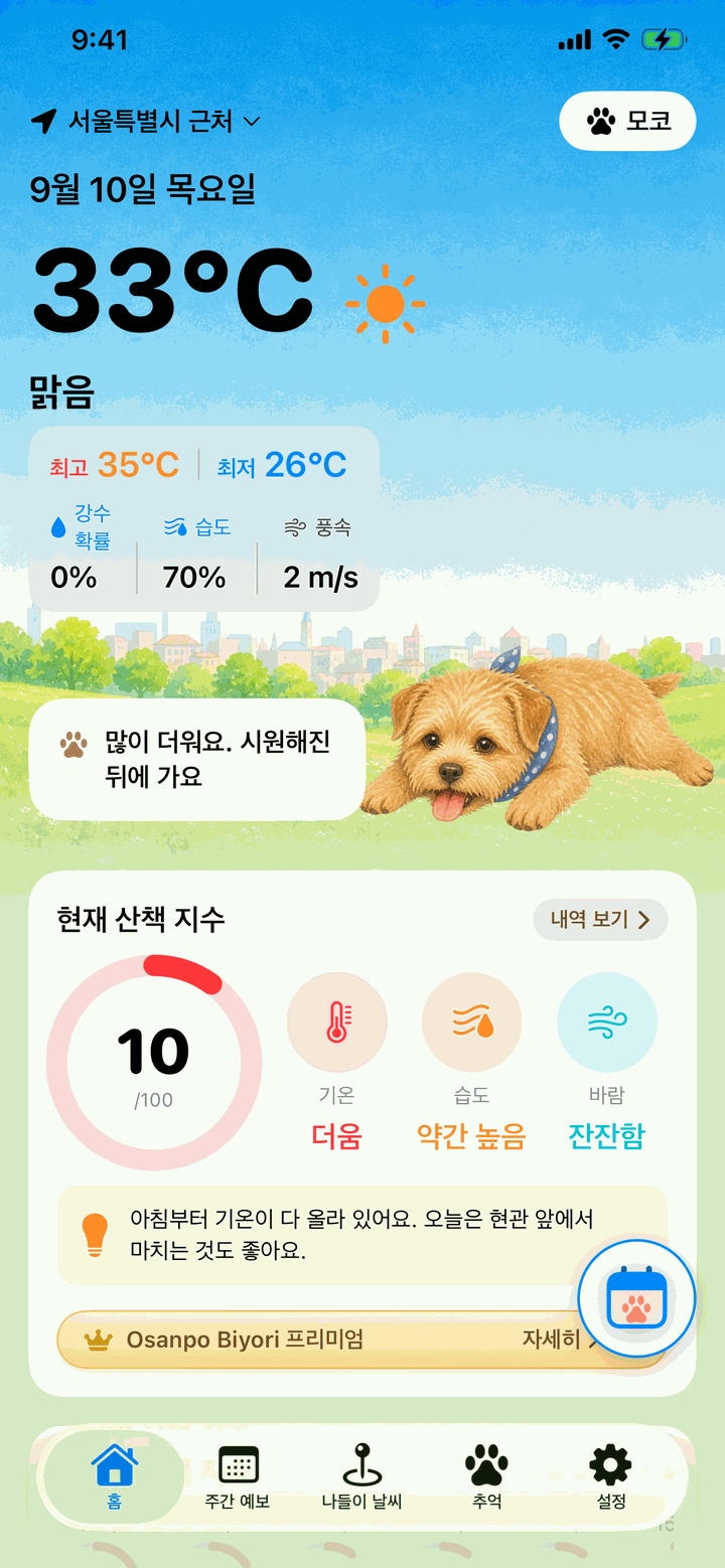 무더운 날의 홈 화면. 산책을 쉬자고 권하는 표시와 지친 표정의 마스코트