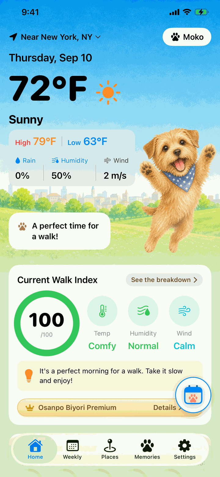 Home screen showing today's Walk Index and the mascot's speech bubble