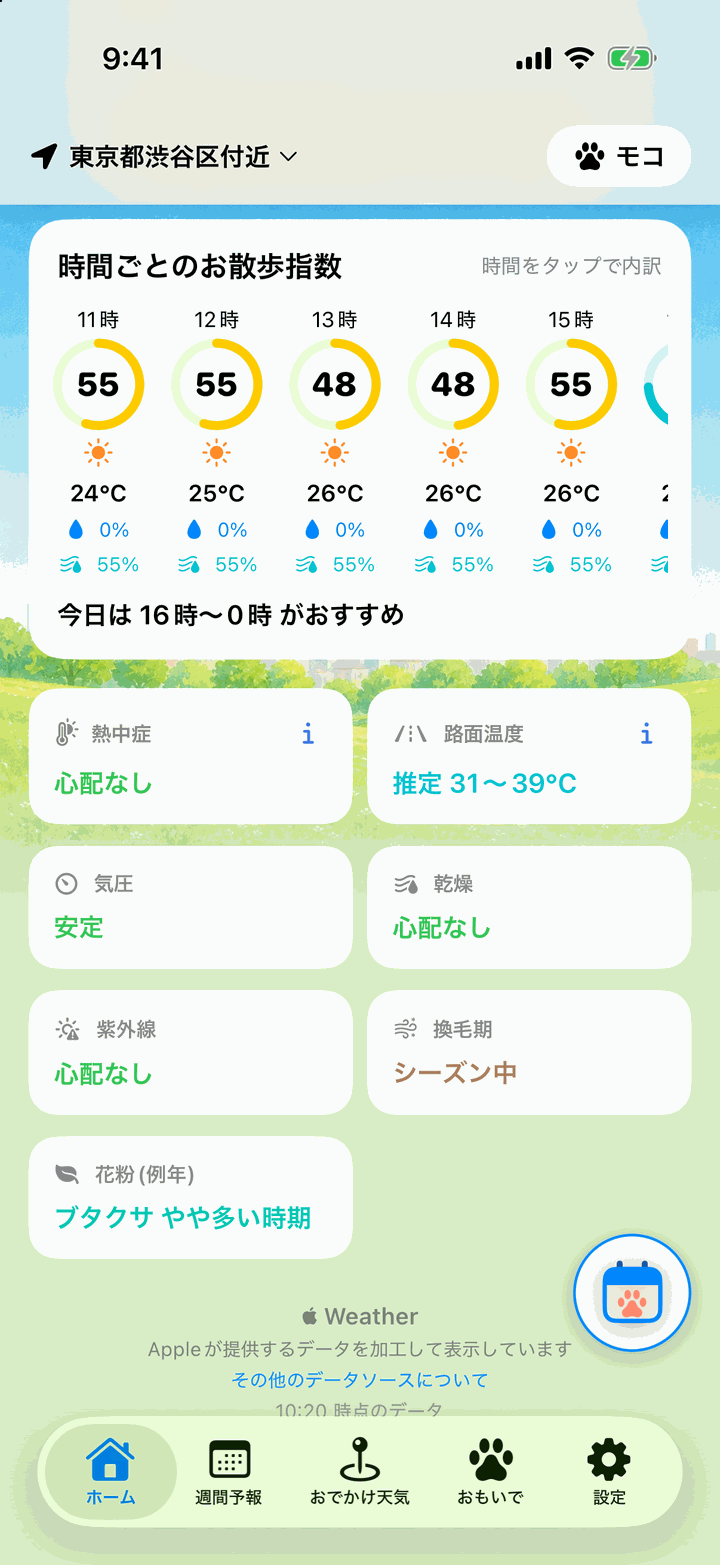 時間ごとのお散歩指数。11時から15時までの指数が並び、「今日は16時〜0時がおすすめ」の下に熱中症・路面温度・気圧・紫外線・花粉の指標カードが続いている