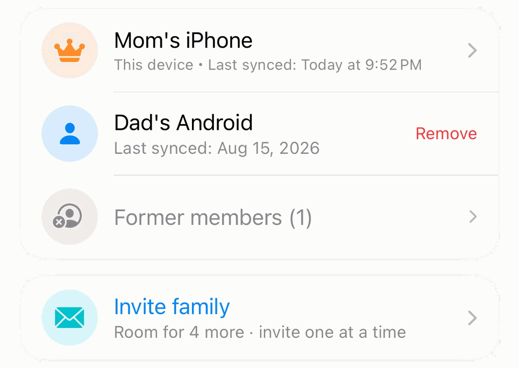 Family sharing screen with Mom's iPhone and Dad's Android listed as members, and an Invite family button below